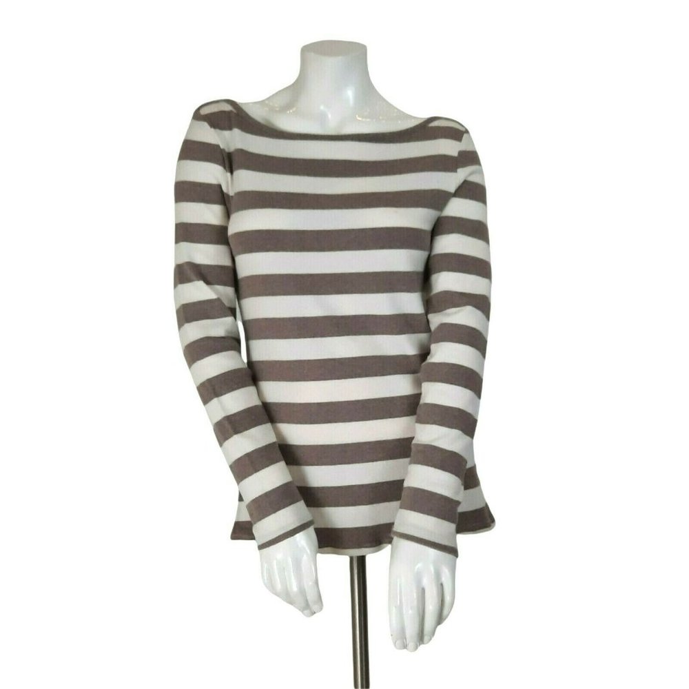 Old Navy Tan & Ivory Long Sleeve Striped Boat Neck Cozy Modal Blend Top